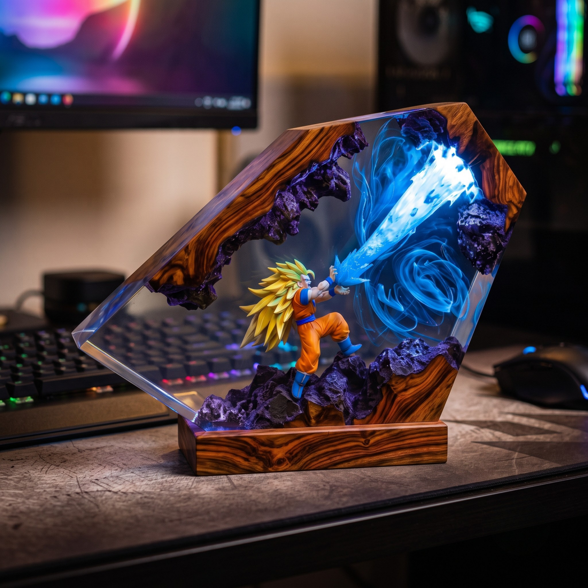Anime Warrior Resin Wood Night Light - Glowing Energy Blast Diorama Lamp