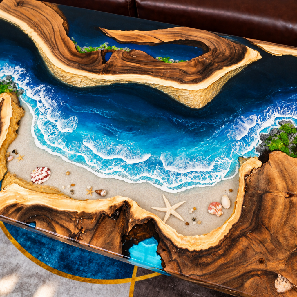 Custom Beach Sand & Ocean Wave Epoxy Resin Dining Table