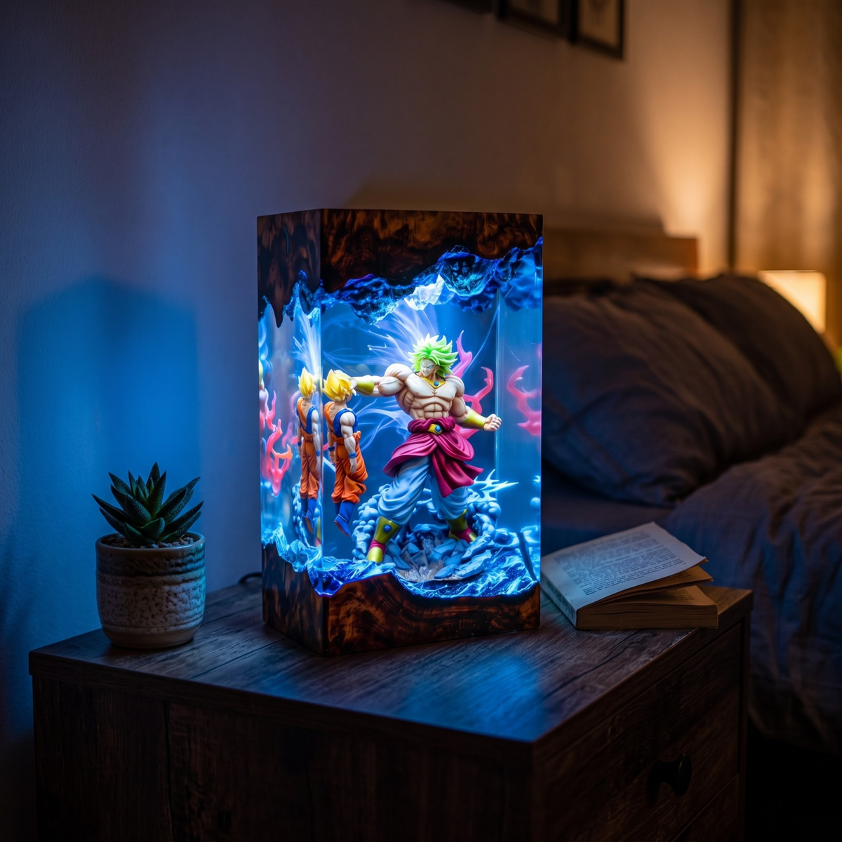 Legendary Green Aura Anime Warrior Resin Lamp - Epic Battle Diorama & LED Night Light
