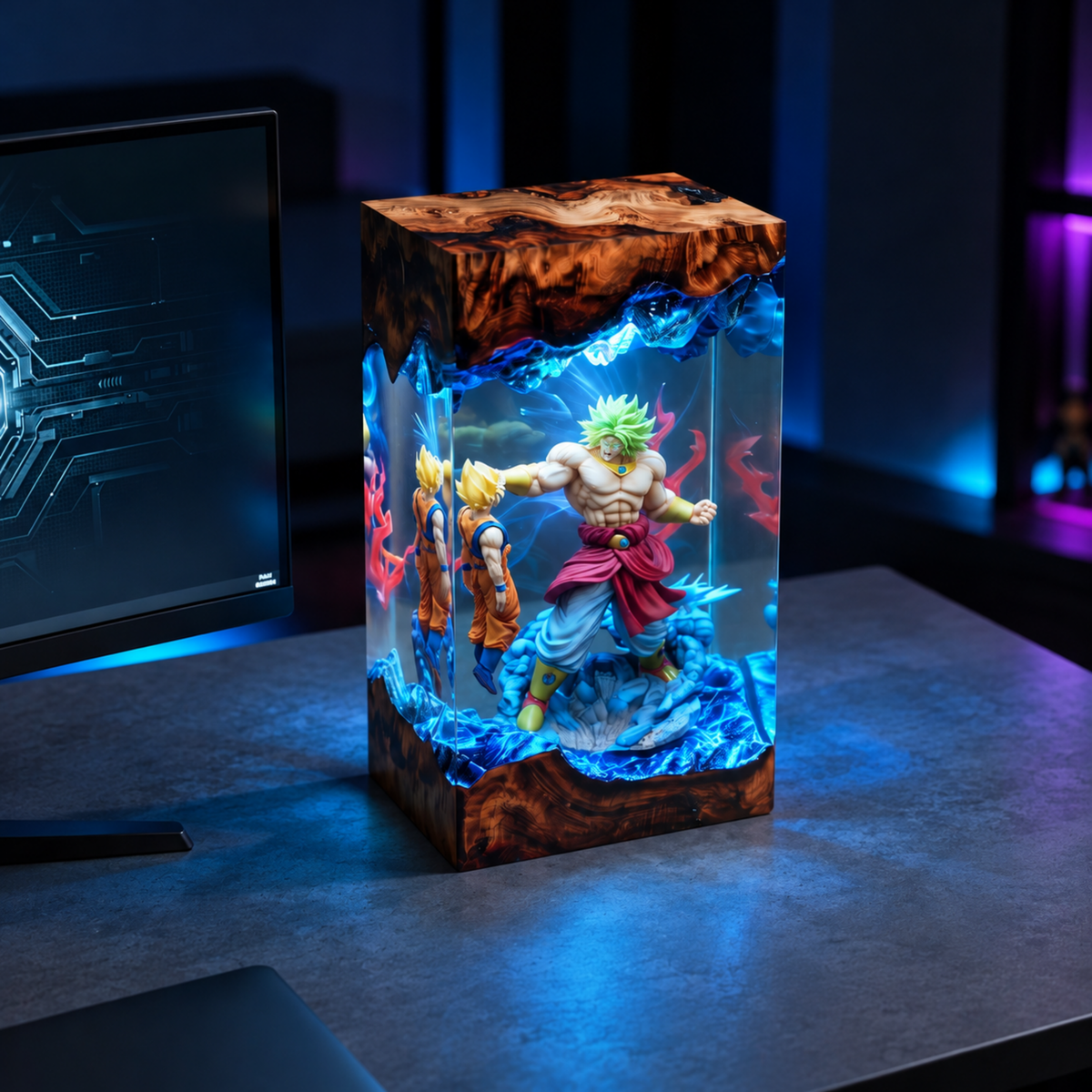 Legendary Green Aura Anime Warrior Resin Lamp - Epic Battle Diorama & LED Night Light