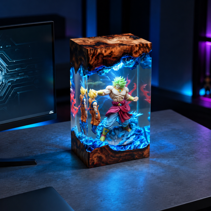 Legendary Green Aura Anime Warrior Resin Lamp - Epic Battle Diorama & LED Night Light