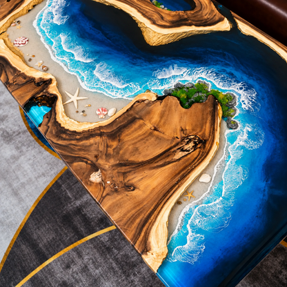 Custom Beach Sand & Ocean Wave Epoxy Resin Dining Table