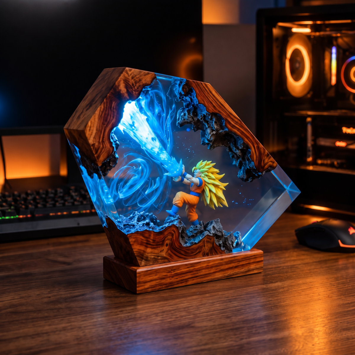 Anime Warrior Resin Wood Night Light - Glowing Energy Blast Diorama Lamp
