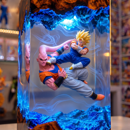 Fused Fighter & Pink Alien Clash Resin Lamp - Epic Anime Battle Diorama