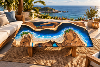 Custom Beach Sand & Ocean Wave Epoxy Resin Dining Table