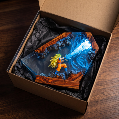 Anime Warrior Resin Wood Night Light - Glowing Energy Blast Diorama Lamp