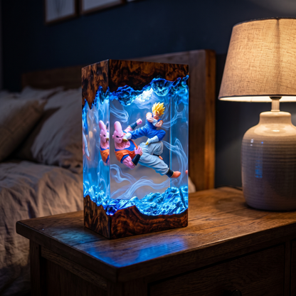 Fused Fighter & Pink Alien Clash Resin Lamp - Epic Anime Battle Diorama