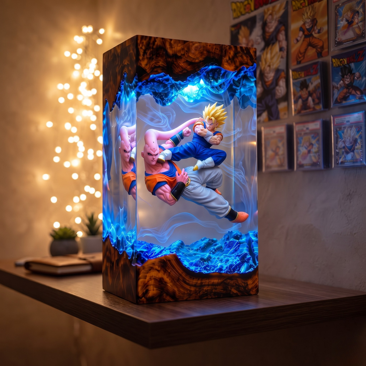 Fused Fighter & Pink Alien Clash Resin Lamp - Epic Anime Battle Diorama