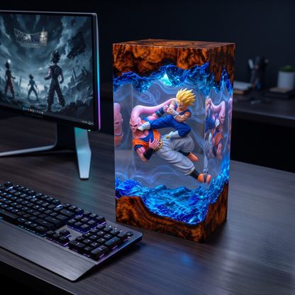 Fused Fighter & Pink Alien Clash Resin Lamp - Epic Anime Battle Diorama