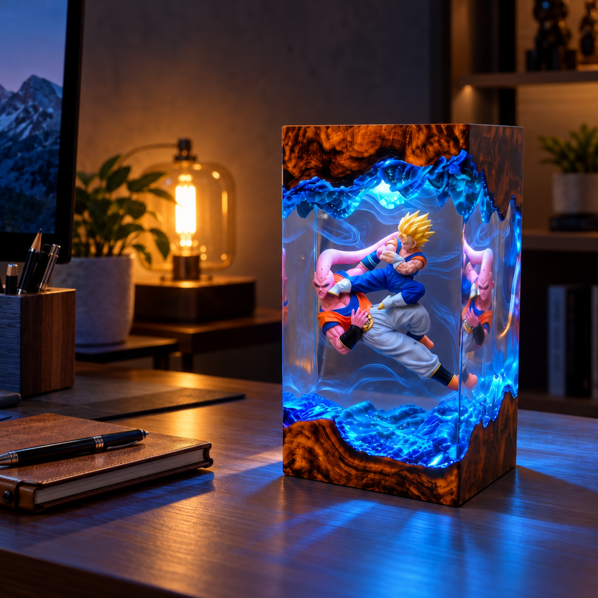 Fused Fighter & Pink Alien Clash Resin Lamp - Epic Anime Battle Diorama