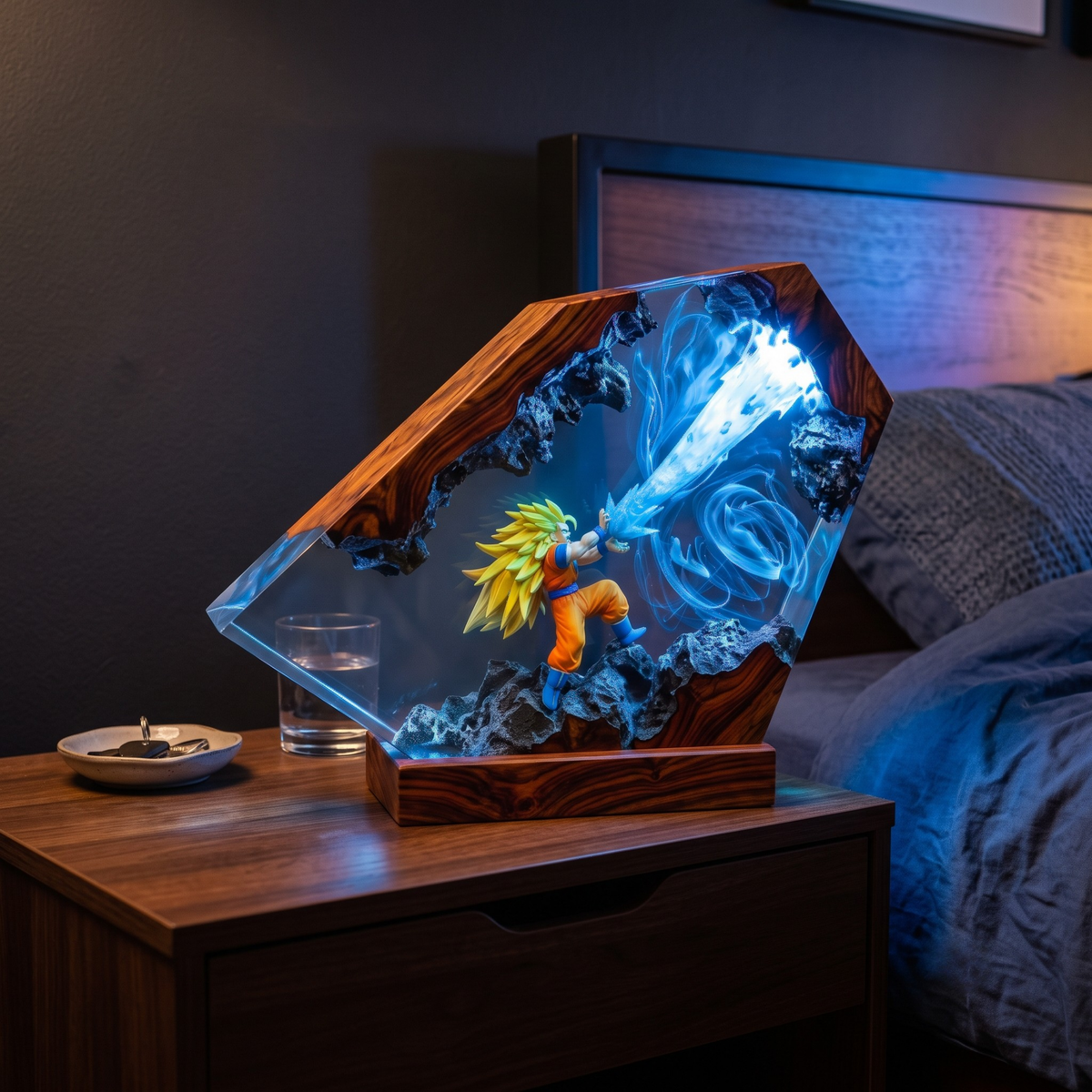 Anime Warrior Resin Wood Night Light - Glowing Energy Blast Diorama Lamp