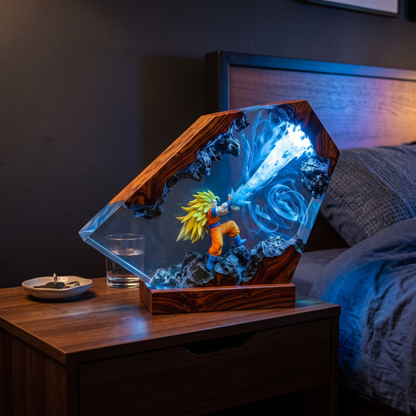 Anime Warrior Resin Wood Night Light - Glowing Energy Blast Diorama Lamp