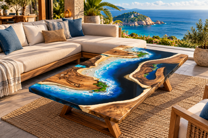 Custom Beach Sand & Ocean Wave Epoxy Resin Dining Table