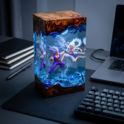 Gohan Beast vs Luffy Gear 5 Resin Lamp – Handmade Wood & Epoxy Decor
