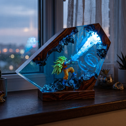 Anime Warrior Resin Wood Night Light - Glowing Energy Blast Diorama Lamp
