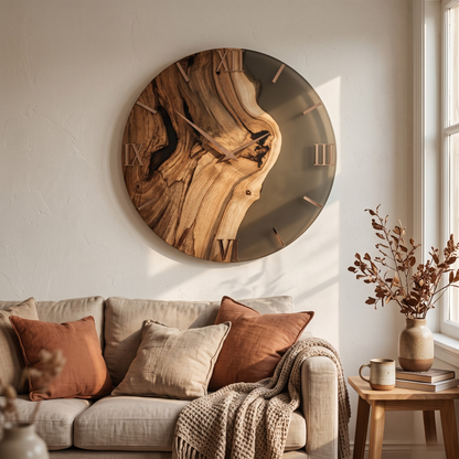 Handmade Live Edge Wooden Wall Clock with Epoxy Resin - Modern Decor