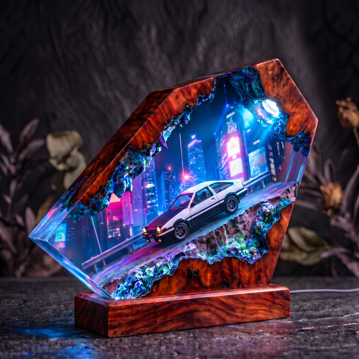 Toyota AE86 Drift Resin Wood Night Light - Initial D Mountain Diorama Lamp - Cyberpunk Neon Cityscape Epoxy Artisan Gift for JDM Fans