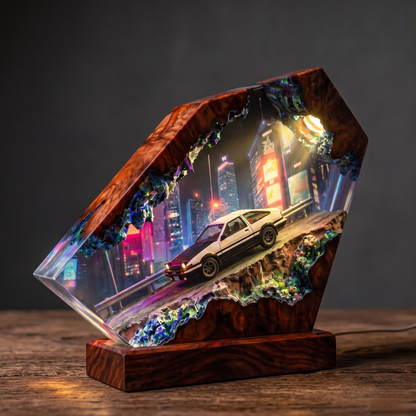Toyota AE86 Drift Resin Wood Night Light - Initial D Mountain Diorama Lamp - Cyberpunk Neon Cityscape Epoxy Artisan Gift for JDM Fans