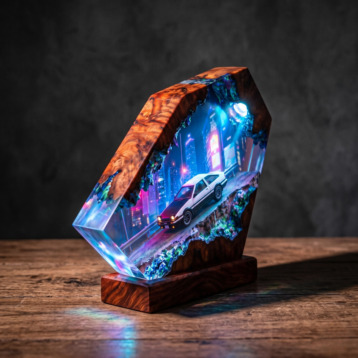 Toyota AE86 Drift Resin Wood Night Light - Initial D Mountain Diorama Lamp - Cyberpunk Neon Cityscape Epoxy Artisan Gift for JDM Fans