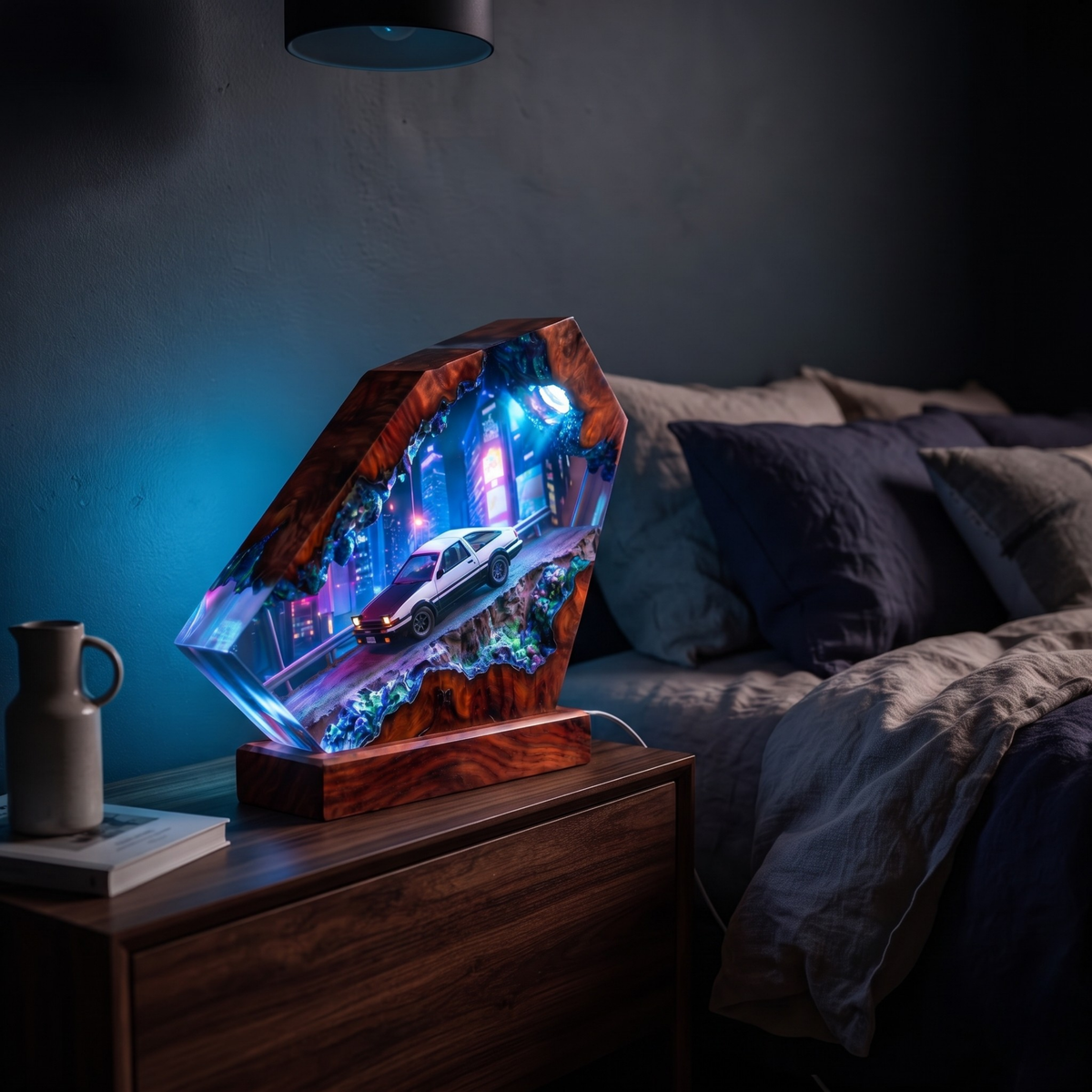 Toyota AE86 Drift Resin Wood Night Light - Initial D Mountain Diorama Lamp - Cyberpunk Neon Cityscape Epoxy Artisan Gift for JDM Fans