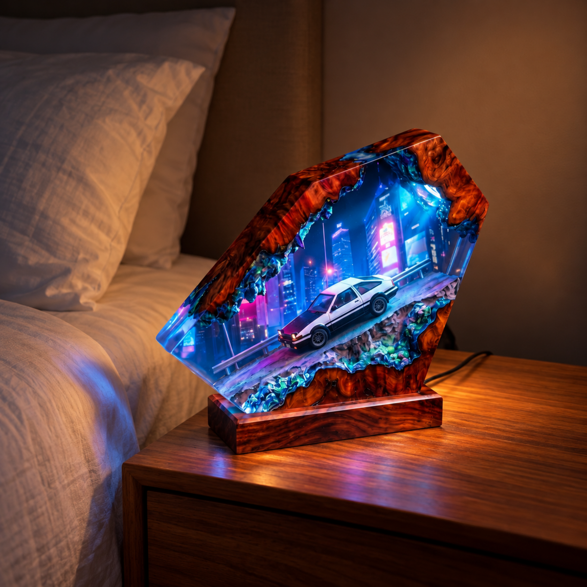 Toyota AE86 Drift Resin Wood Night Light - Initial D Mountain Diorama Lamp - Cyberpunk Neon Cityscape Epoxy Artisan Gift for JDM Fans
