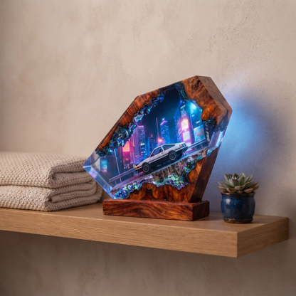 Toyota AE86 Drift Resin Wood Night Light - Initial D Mountain Diorama Lamp - Cyberpunk Neon Cityscape Epoxy Artisan Gift for JDM Fans