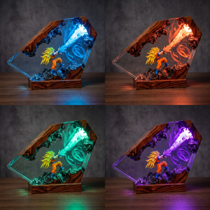 Anime Warrior Resin Wood Night Light - Glowing Energy Blast Diorama Lamp