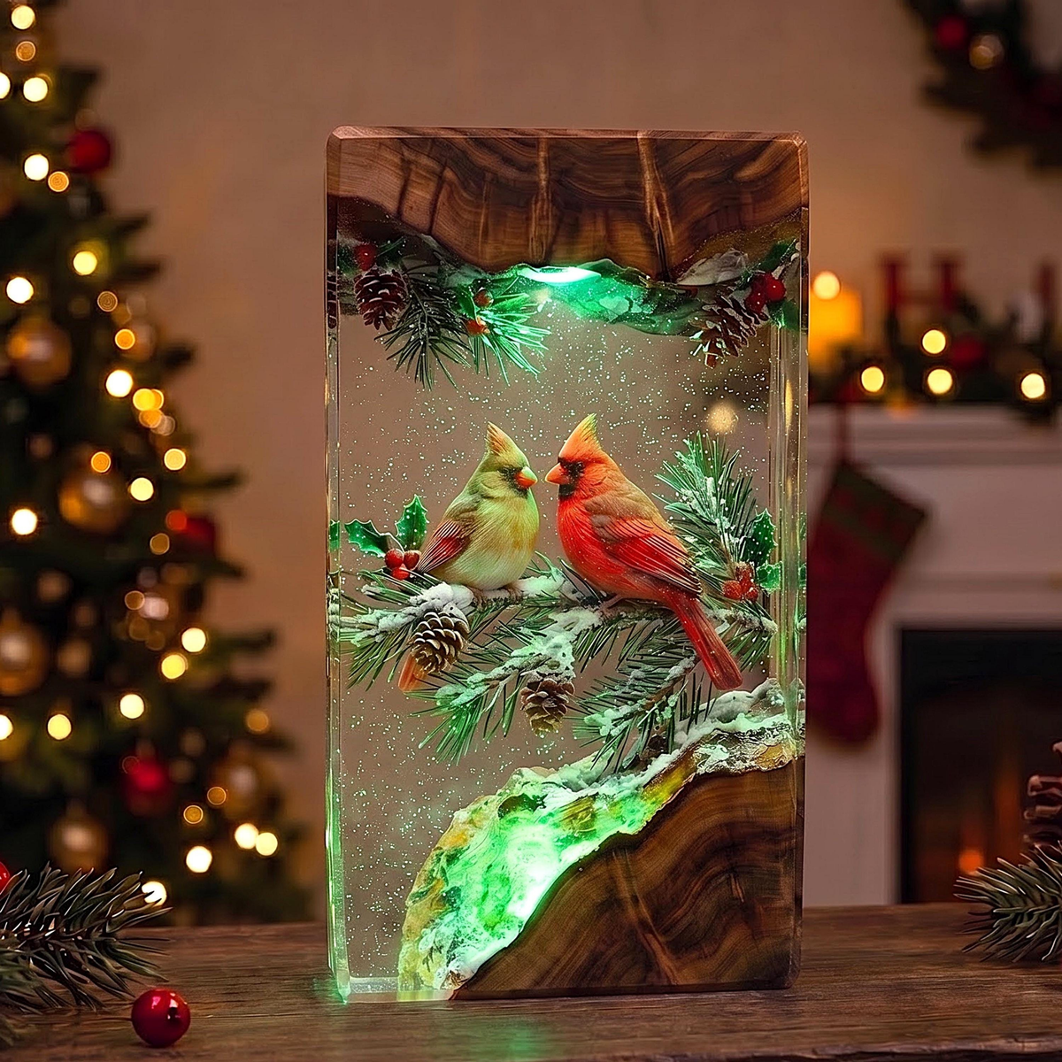 Red Cardinal Resin Lamp | Winter LED Night Light & Christmas Decor