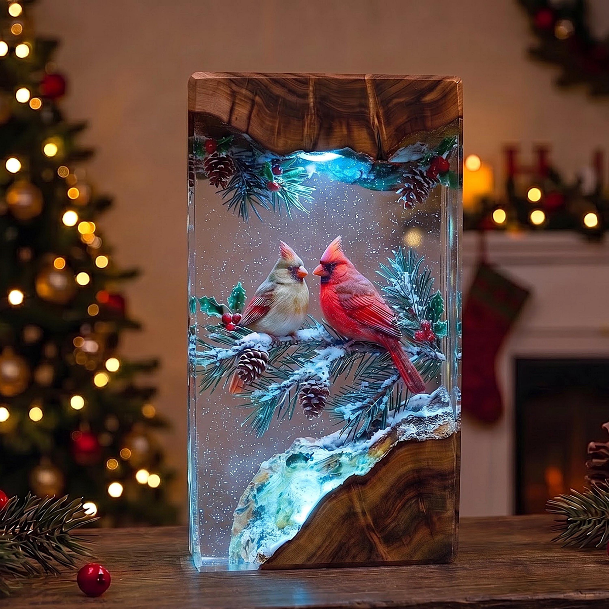 Red Cardinal Resin Lamp | Winter LED Night Light & Christmas Decor