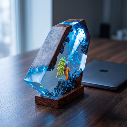 Anime Warrior Resin Wood Night Light - Glowing Energy Blast Diorama Lamp