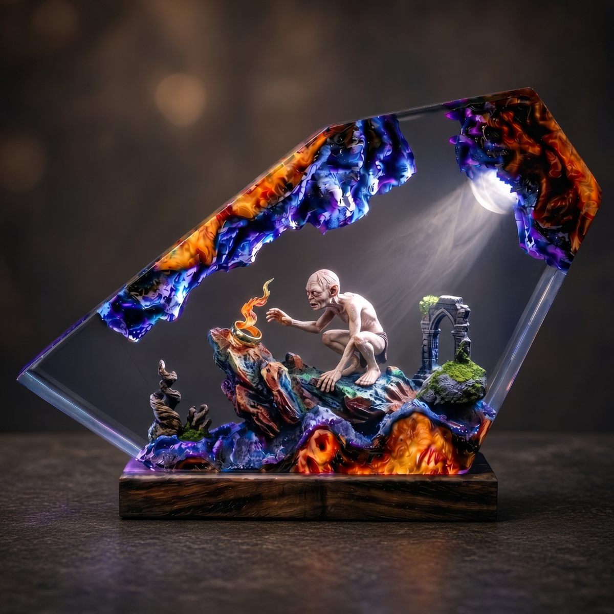 Cave Monster Lava Resin Lamp, Fantasy Volcano Ring Wood Diorama LED Desk Light, Halloween Gift For Him