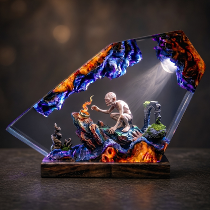Cave Monster Lava Resin Lamp, Fantasy Volcano Ring Wood Diorama LED Desk Light, Halloween Gift For Him
