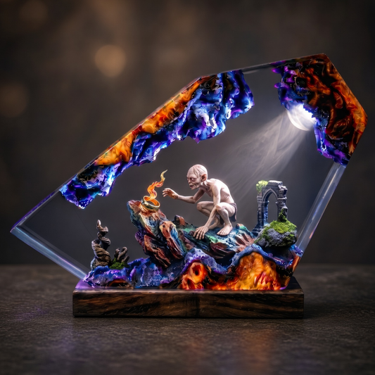 Cave Monster Lava Resin Lamp, Fantasy Volcano Ring Wood Diorama LED Desk Light, Halloween Gift For Him