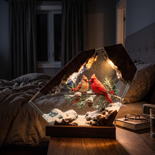 Handmade Cardinal Couple Epoxy Resin Lamp | Winter Night Light