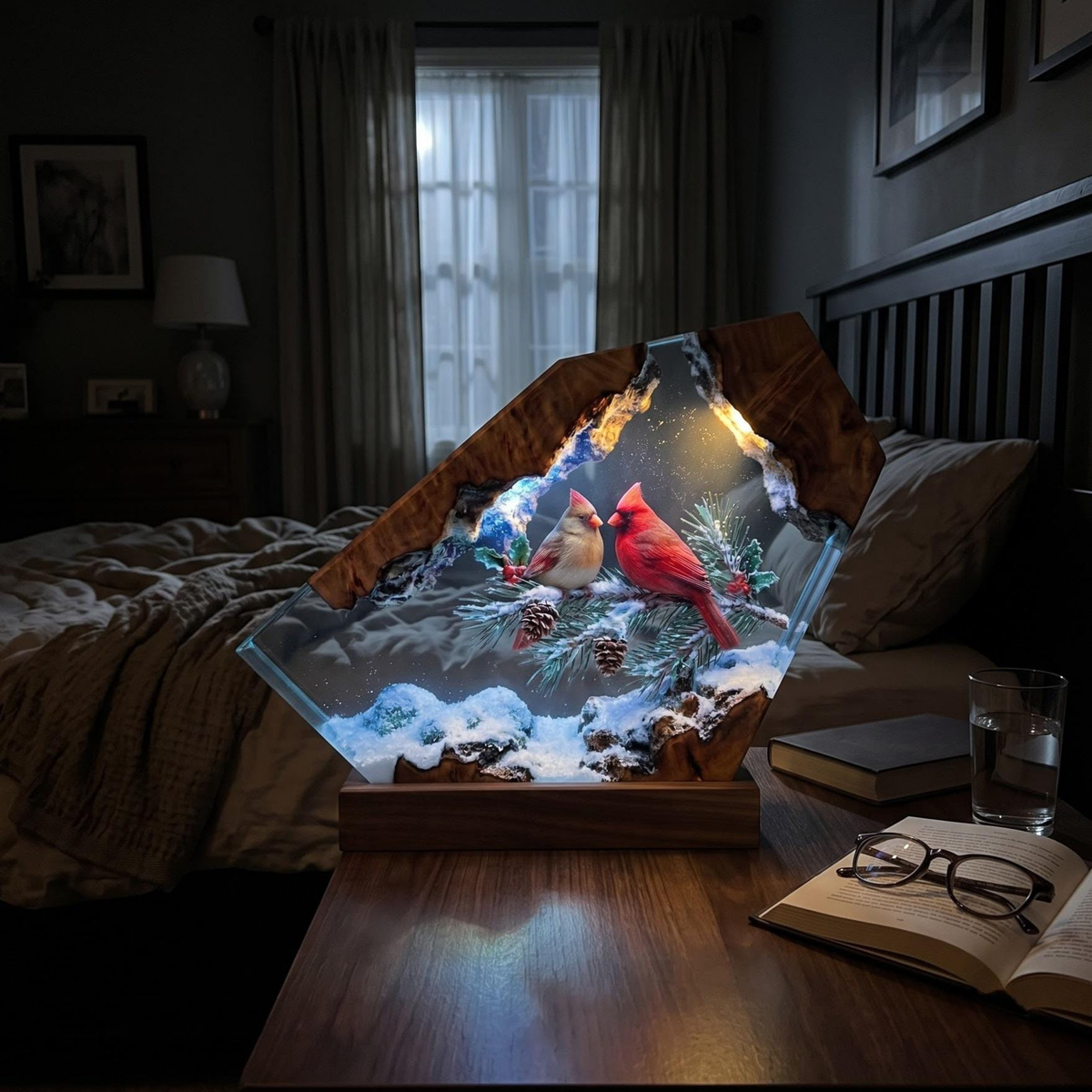 Handmade Cardinal Couple Epoxy Resin Lamp | Winter Night Light