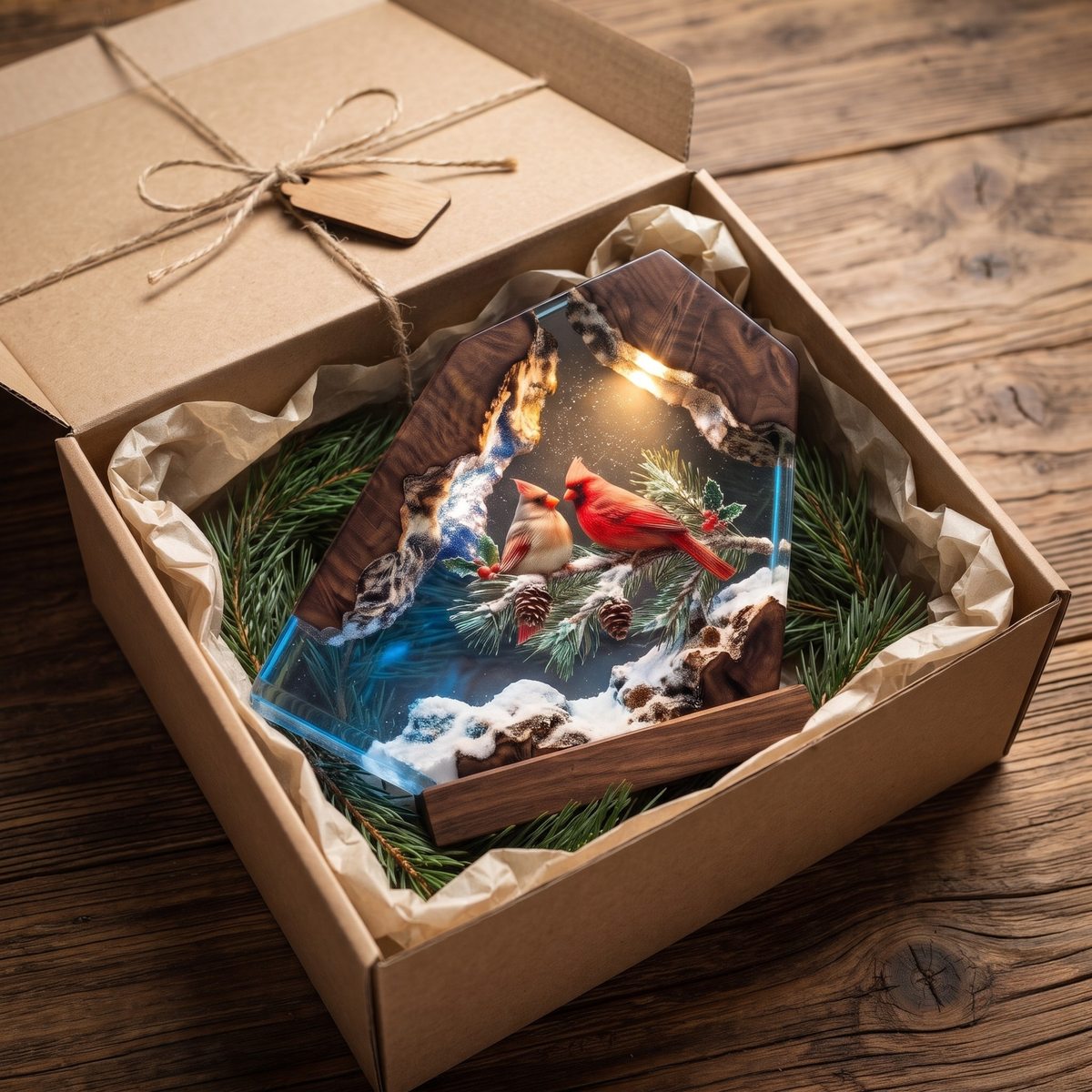 Handmade Cardinal Couple Epoxy Resin Lamp | Winter Night Light