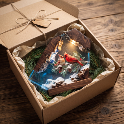 Handmade Cardinal Couple Epoxy Resin Lamp | Winter Night Light