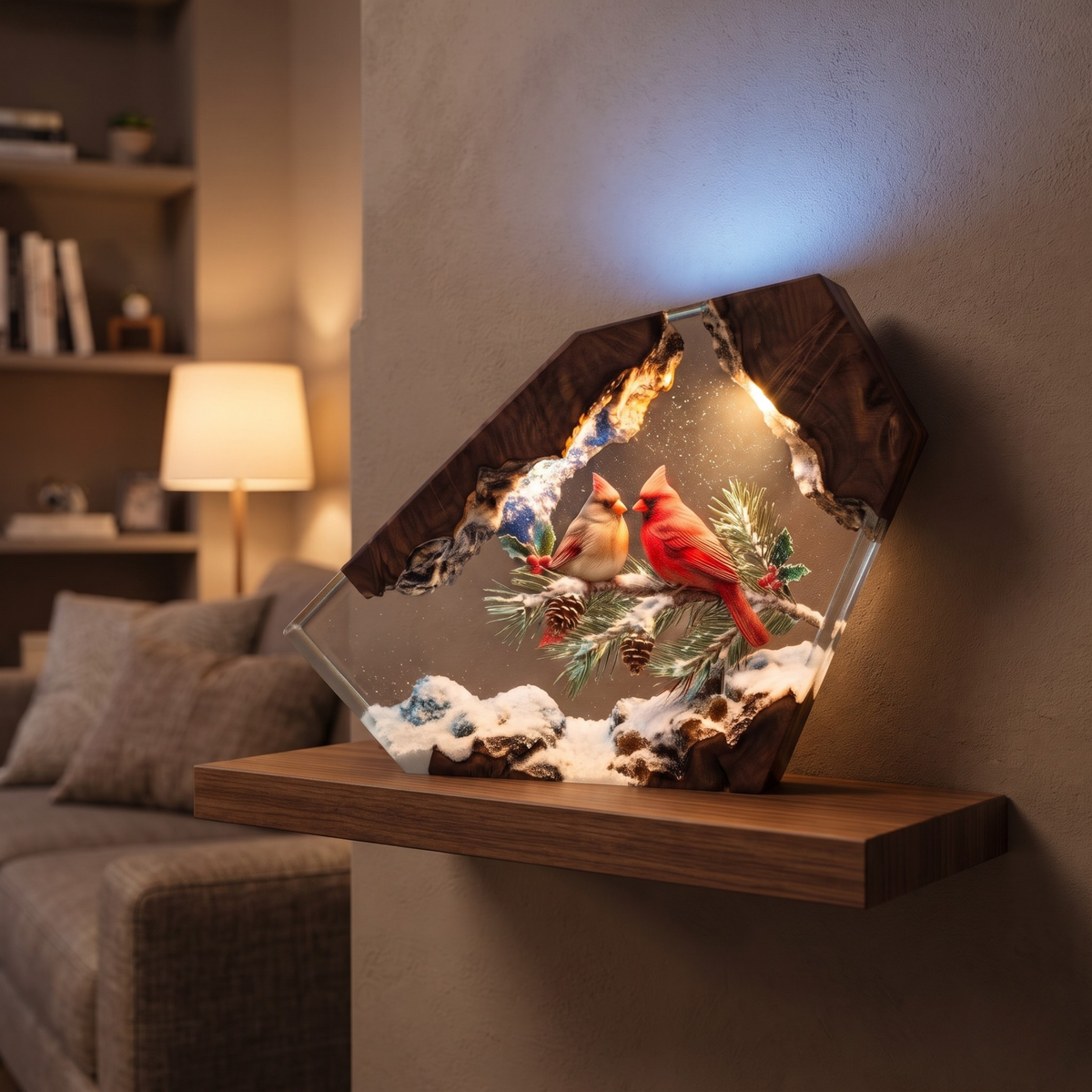Handmade Cardinal Couple Epoxy Resin Lamp | Winter Night Light