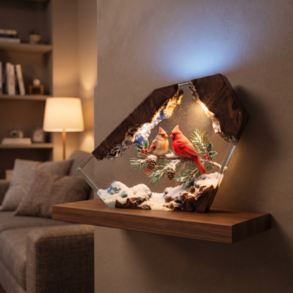 Handmade Cardinal Couple Epoxy Resin Lamp | Winter Night Light