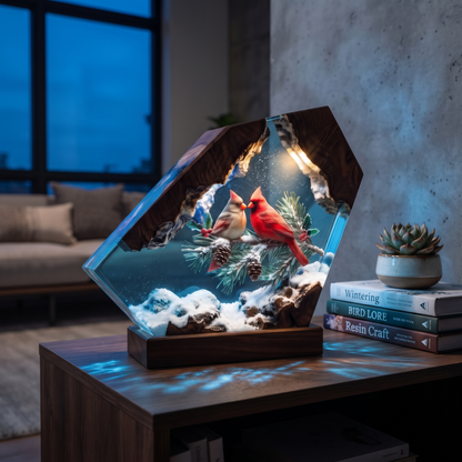 Handmade Cardinal Couple Epoxy Resin Lamp | Winter Night Light