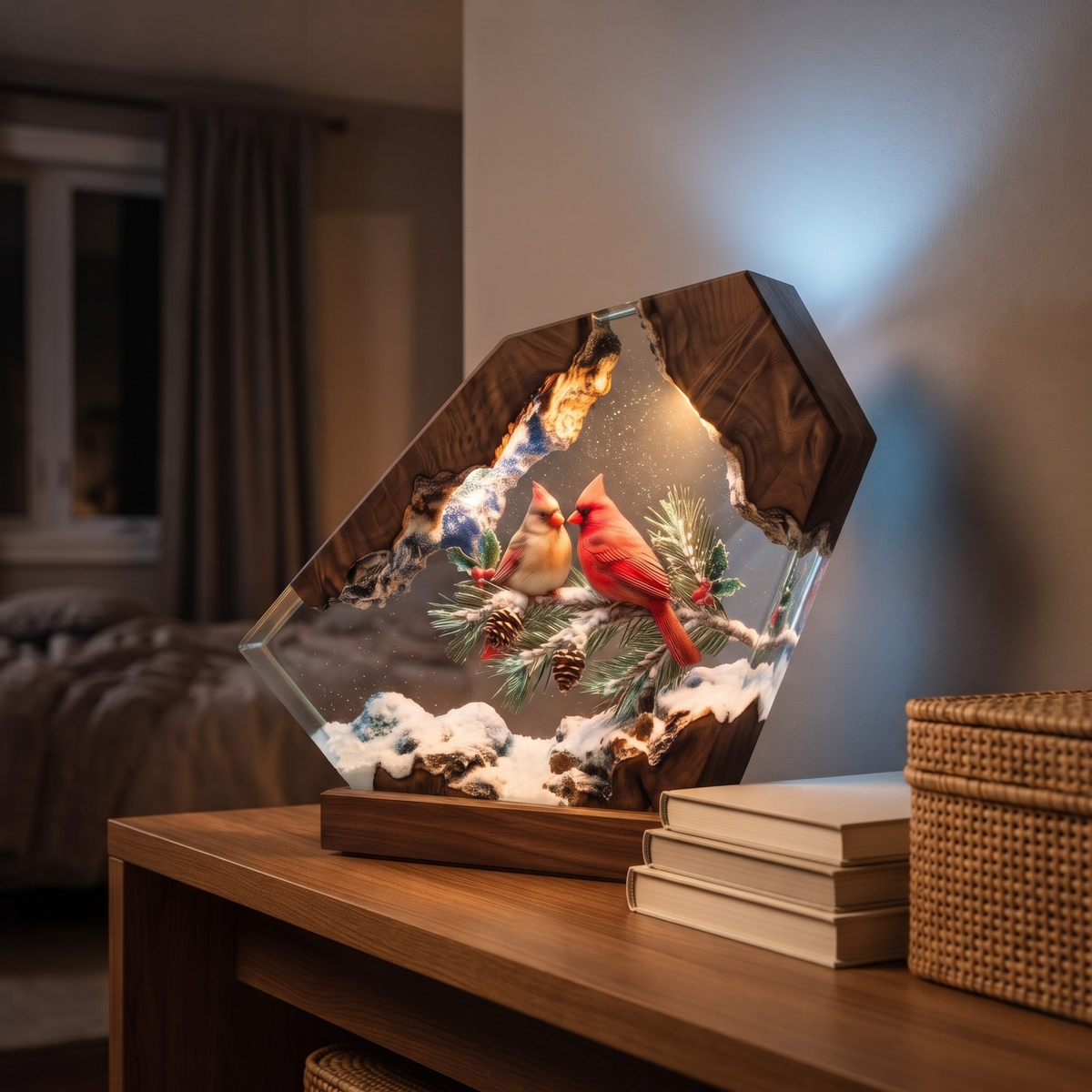 Handmade Cardinal Couple Epoxy Resin Lamp | Winter Night Light