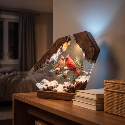 Handmade Cardinal Couple Epoxy Resin Lamp | Winter Night Light