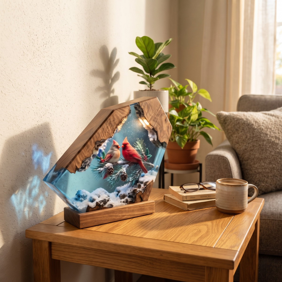 Handmade Cardinal Couple Epoxy Resin Lamp | Winter Night Light