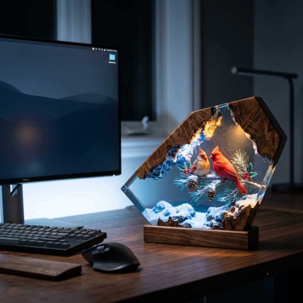 Handmade Cardinal Couple Epoxy Resin Lamp | Winter Night Light