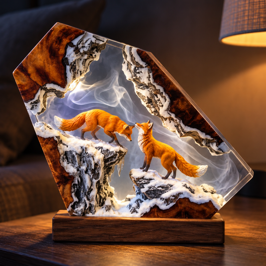 Handmade Fox Resin Lamp - Wood Night Light Animal Lover Desk Decor