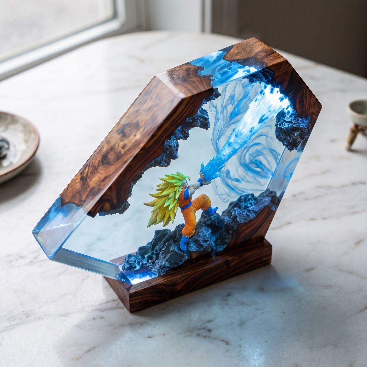 Anime Warrior Resin Wood Night Light - Glowing Energy Blast Diorama Lamp