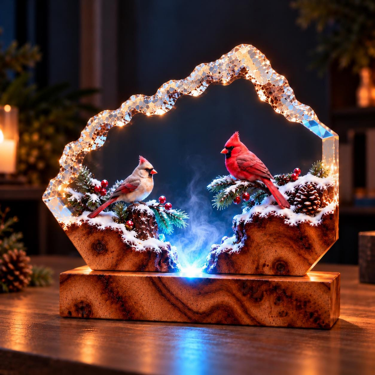 Romantic Cardinal Couple Resin Lamp - Winter Bird Night Light