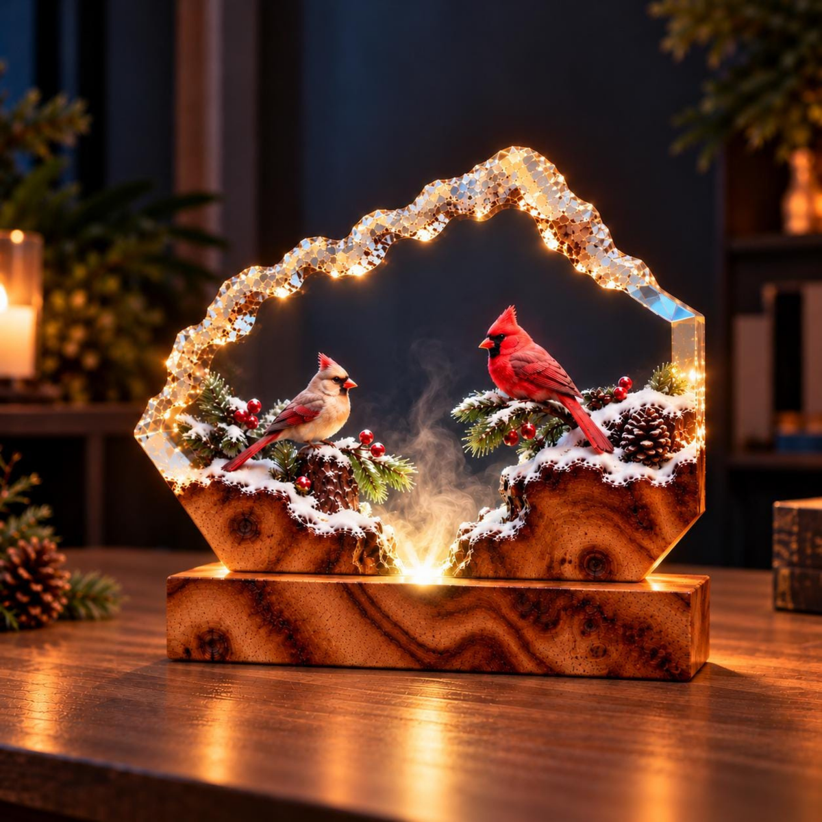 Romantic Cardinal Couple Resin Lamp - Winter Bird Night Light