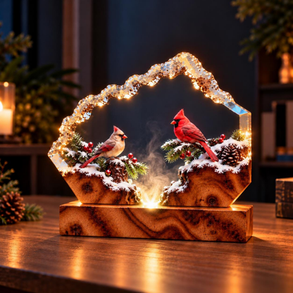 Romantic Cardinal Couple Resin Lamp - Winter Bird Night Light