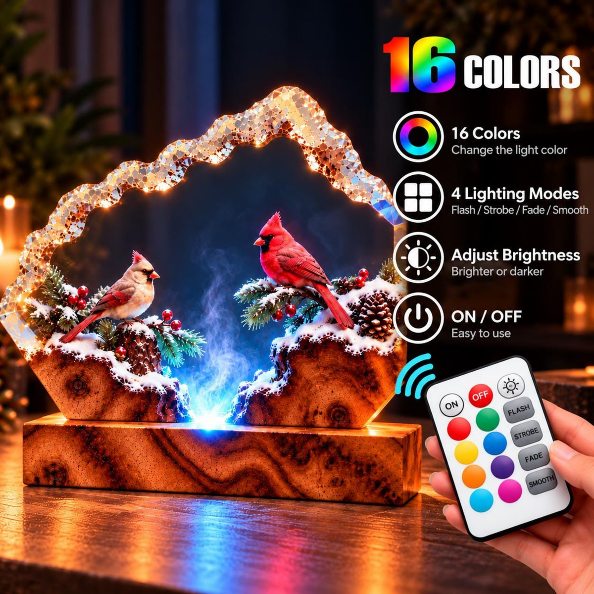 Romantic Cardinal Couple Resin Lamp - Winter Bird Night Light